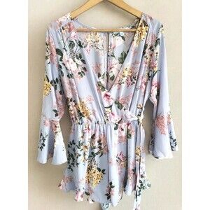 She+Sky Romper Women's Small Light Blue Floral Faux Wrap Ruffle Bell Sleeve